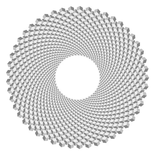 Vector illustration of Monochromatic circular pattern of cascading cubes.