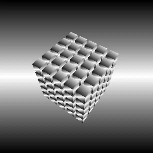 Vector illustration of 3D composition of 125 metal cubes with varying faces, showcased with perspective and reflective qualities