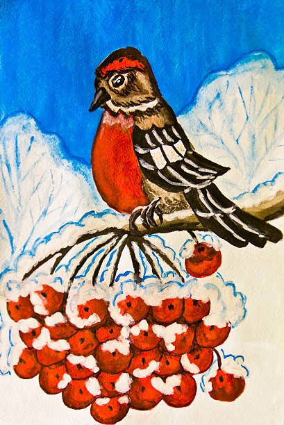 istock Bullfinch on branch of ashberry tree, painting 177044423