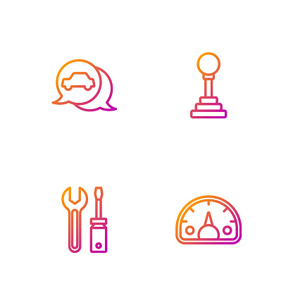 Set line Speedometer, Screwdriver and wrench spanner, Car service and Gear shifter. Gradient color icons. Vector.