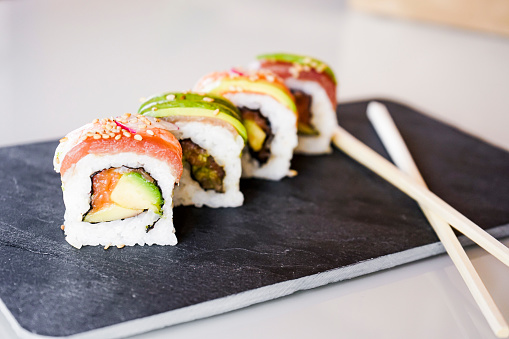 Sushi plate in a Tokyo restaurant. 