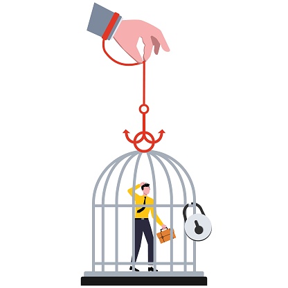 Depressed businessman with birdcage lock his head