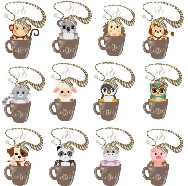 Vector illustration of Set of sleepy animals with hat in coffee mug