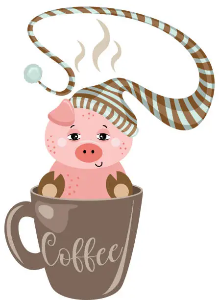 Vector illustration of Sleepy piggy with hat in coffee mug