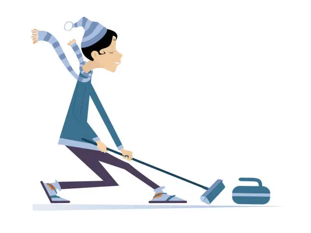 Vector illustration of Smiling young woman plays curling