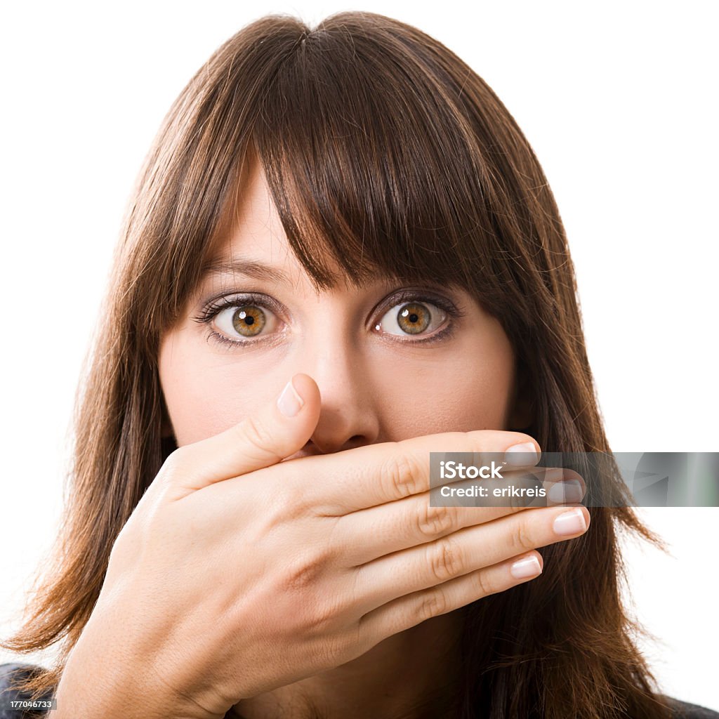 Surprised face Beautiful young woman covering the face with her hand, isolated on a white background 20-24 Years Stock Photo