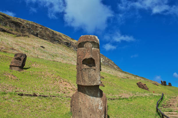 rapa nui. posąg moai w rano raraku na wyspie wielkanocnej, chile - moai statue statue ancient past zdjęcia i obrazy z banku zdjęć