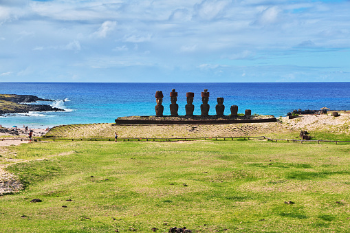 Rapa Nui, the statue Moai in Ahu Nau Nau on Easter Island, Chile