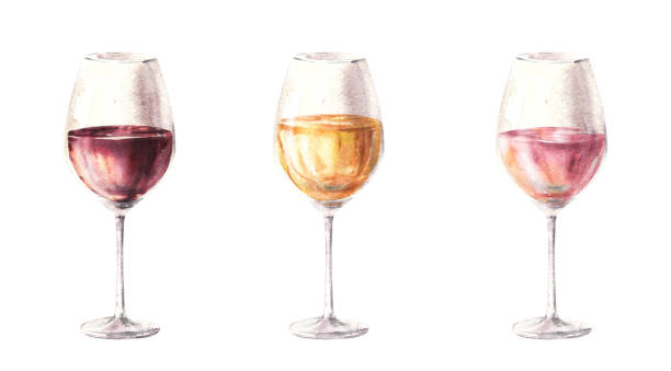 illustrazioni stock, clip art, cartoni animati e icone di tendenza di set di tre bicchieri per drink acquerello con rosa bianca e vino rosso. illustrazione dipinta a mano. - vino bianco