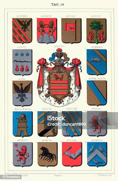 ビンテージイラスト紋章学紋章紋章盾ライオンワシ黒の種牡馬イタリアシチリア島19世紀 紋章のベクターアート素材や画像を多数ご用意 紋章