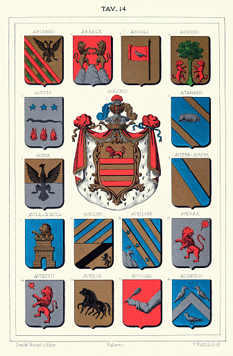 Vintage illustration, Heraldry, Coat of arms, heraldic shield with symbols, Lions, Eagles, Black stallion, Italian, Sicily, 19th Century