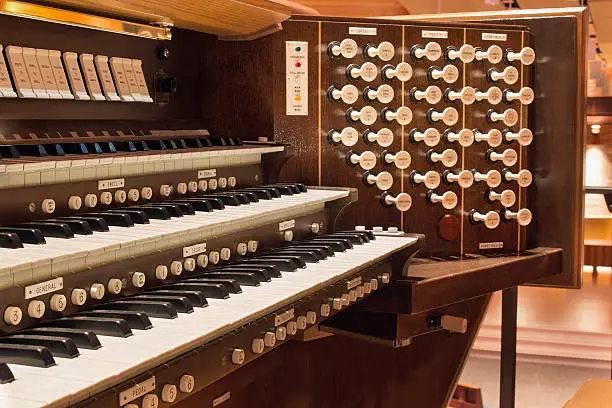 Church Pip Organ Keyboard with Control Buttons Closeup Macro