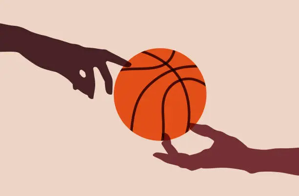 Vector illustration of Hands reaching for Basketball ball colorful flat objects.