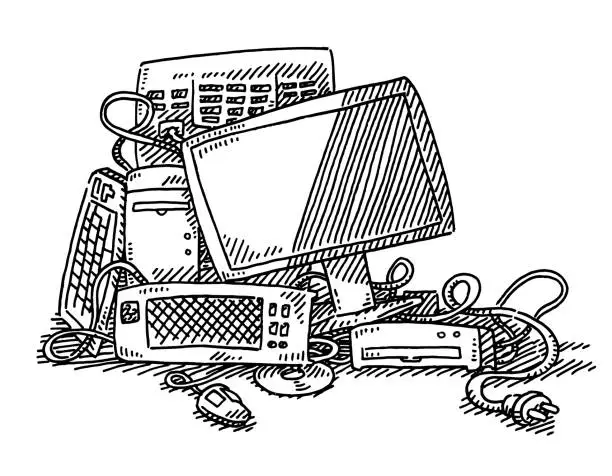 Vector illustration of Electronic Scrap Outdated Computer Drawing