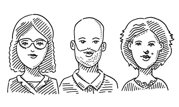 Vector illustration of Three Students Portraits Drawing