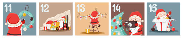 ilustraciones, imágenes clip art, dibujos animados e iconos de stock de lindo calendario de adviento con santa claus, cajas de regalo, árbol de año nuevo, regalos, nieve en estilo de dibujos animados. día 11, 12, 13, 14, 15. cuenta regresiva hasta el 25. navidad, año nuevo ilustración vectorial coloreada - advent calendar christmas number number 14