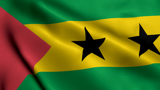 São Tomé and Príncipe Flag. Waving  Fabric Satin Texture Flag of São Tomé and Príncipe 3D illustration. Real Texture Flag of the Democratic Republic of São Tomé and Príncipe
