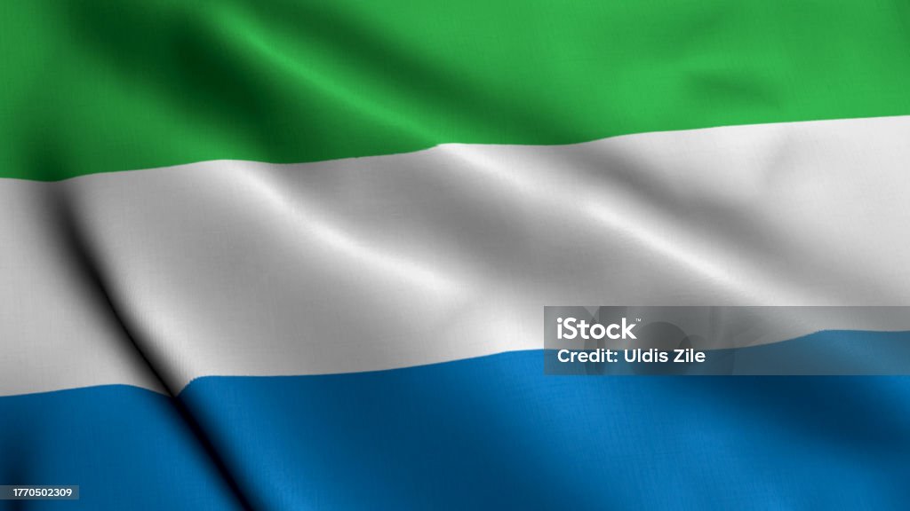 Sierra Leone Flag. Waving  Fabric Satin Texture Flag of Sierra Leone 3D illustration. Real Texture Flag of the Republic of Sierra Leone Flag Stock Photo