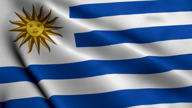 우루과이 국기. 흔들리는 패브릭 새틴 질감 우루과이 3d 그림의 국기입니다. 우루과이의 동양 공화국의 실제 질감 국기 - oriental republic of uraguay 뉴스 사진 이미지