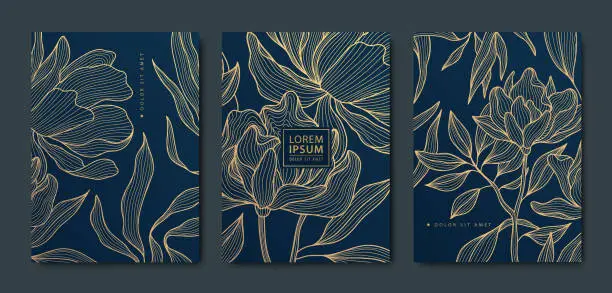 Vector illustration of Vector art deco, luxury golden floral covers. Line japanese style leaves and flowers, nature texture patterns, cover, flyer templates. Elegant wavy vintage brochures.