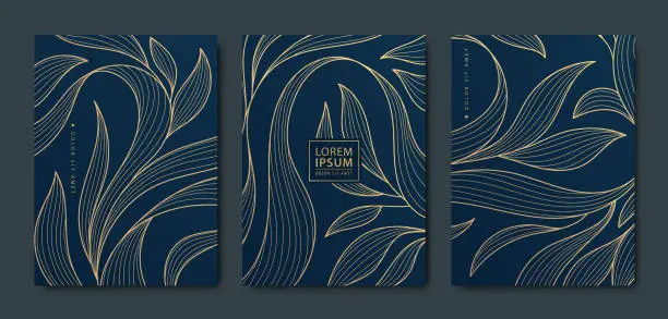 Vector illustration of Vector art deco, luxury golden floral covers. Line japanese style leaves, nature texture patterns, cover, flyer templates. Elegant wavy vintage brochures