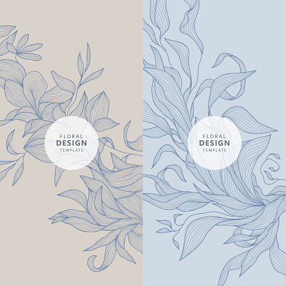 Vector leaf, floral patterns, nature package backgrounds. Line minimalist leaves frames, beauty banners. Use for social media post, card, cover, wedding invitation, mobile apps. Pastel colors