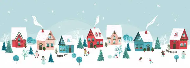 Vector illustration of Cute hand drawn seamless Winter landscape with happy people playing, shopping, walking, Vector horizontal banner winter wonderland