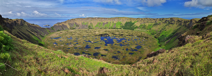 Crater of Rano Kau volcano in Rapa Nui, Easter Island of Chile