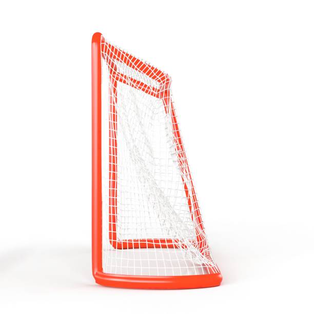 istock 3D illustration of a red goal with net on a white background 1770518924