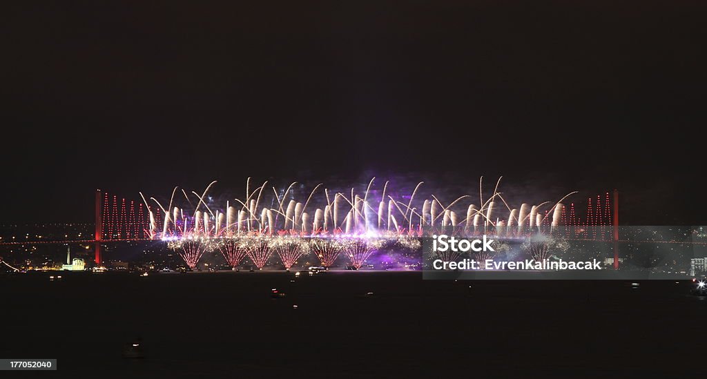 Fireworks Fireworks from Bosphorus Bridge, Istanbul, Turkey Architecture Stock Photo