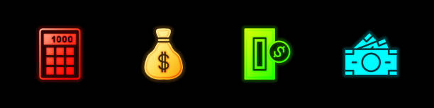 istock Set Calculator, Money bag, Inserting coin and Stacks paper money cash icon. Vector 1770521605
