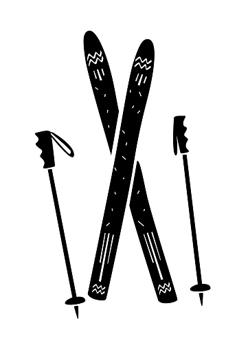 A black-white ski and poles illustration. Winter sport vector. Minimalistic simple icons of ski with pattern.