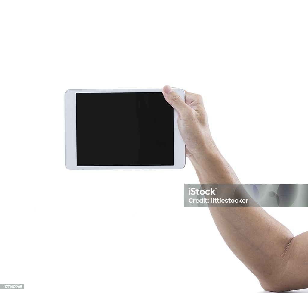 Человек Рука удерживайте цифровой планшет, изолированные на белом фоне - Стоковые фото Баннер - знак роялти-фри