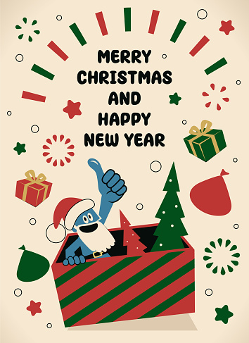 Cute Christmas Characters Vector Art Illustration.
Happy blue Santa Claus pops out of the big gift box to bless everyone and give gifts and a thumbs-up.