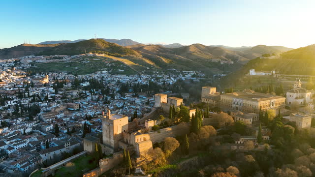 Aerial footage of the Alhambra palace and fortress in Granada, Andalusia, in Spain.