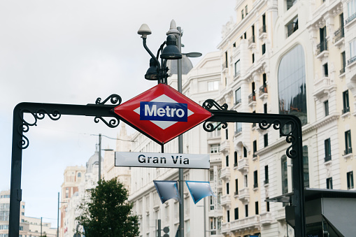 A Gran Via Metro (city subway system) sign in Madrid, Spain