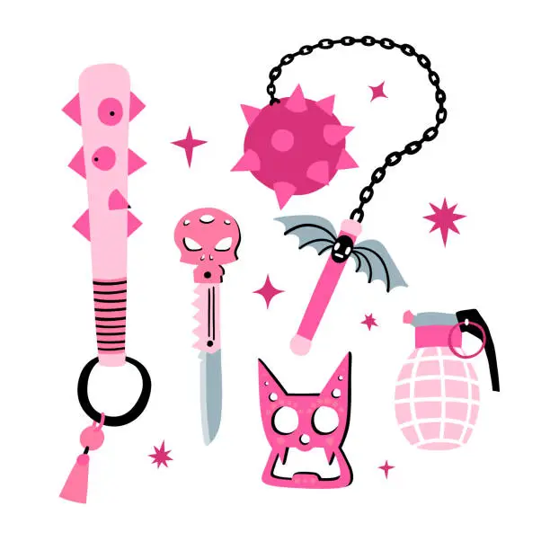Vector illustration of Pink set of different weapons