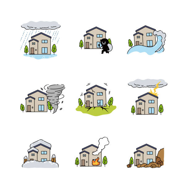 Illustration set of damaged houses Illustration set of damaged houses seismologist stock illustrations