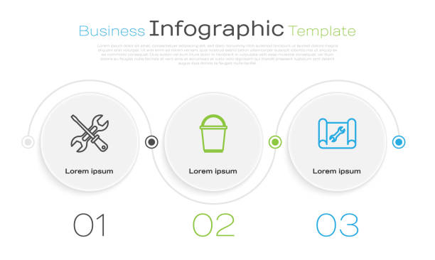 ilustraciones, imágenes clip art, dibujos animados e iconos de stock de destornillador y llave inglesa, cubo y papel para graficar. plantilla de infografía empresarial. vector - rutina técnica