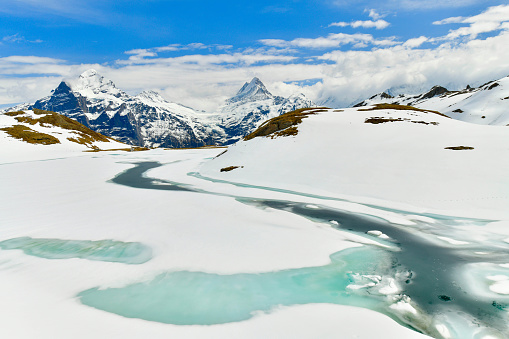 Bachalpsee lake. highest peaks Eiger in winter famous location in Swiss Alps Grindelwald ,Switzerland