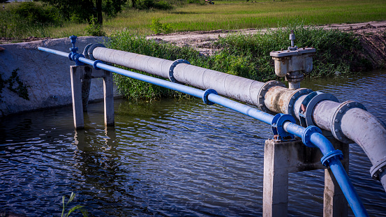 Water supply pipeline system, which runs through water-filled canals, in rural areas.