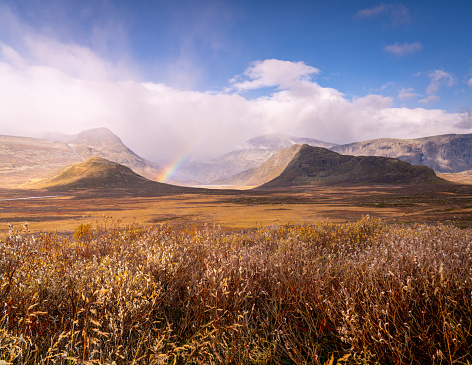 Rainbow and Vargebakken in Jotunheim National Park in Norway, Scandinavia