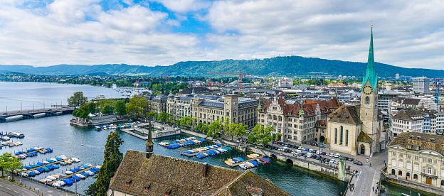 Panoramic Top view of historic city center of Zurich, Switzerland.
