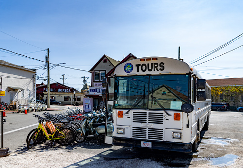 Tour bus on Martha's Vineyard, Massachsetts, USA.  There are also bicycles for hire.