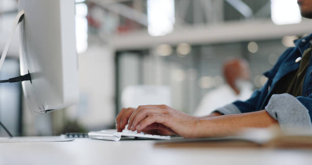 istock Hands, typing and businessman at computer in modern office with article review, project and deadline. Market research, email and man writing online report for networking, communication and feedback. 1770573370