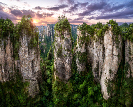 Panoramic landscape of Zhangjiajie national forest park,located in Wulingyuan town,Hunan province,China