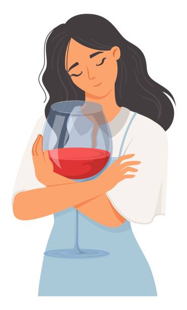 ilustrações de stock, clip art, desenhos animados e ícones de woman with addiction hugging wineglass - wineglass wine glass red wine