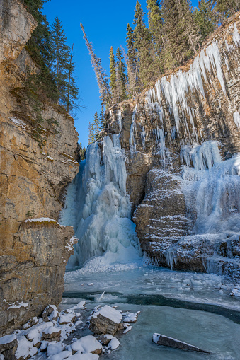Frozen waterfall in Johnston Canyon in Banff National Park, Alberta, Canada
