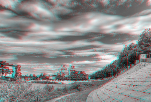 View with red/cyan glasses, red on the left eye.