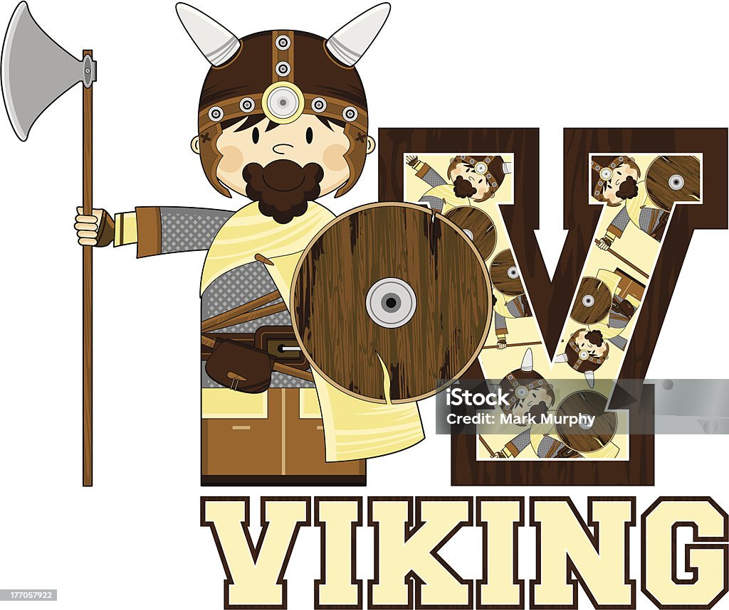 Carino Viking guerriero apprendimento Lettera V - arte vettoriale royalty-free di Adulto